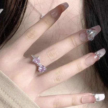 Romantic Lovely Pink Bowknot with Micro Bow Tie Zircon Rings