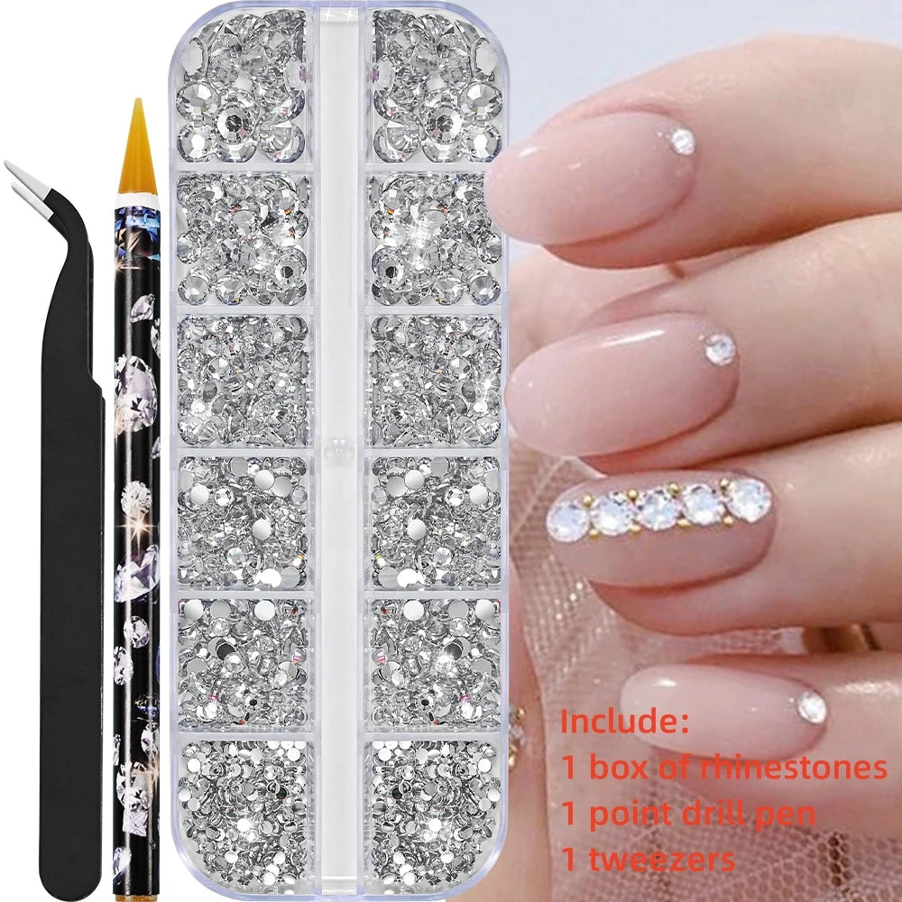 12Gird 3D Glass AB Crystal Nail Art Rhinestones Kit