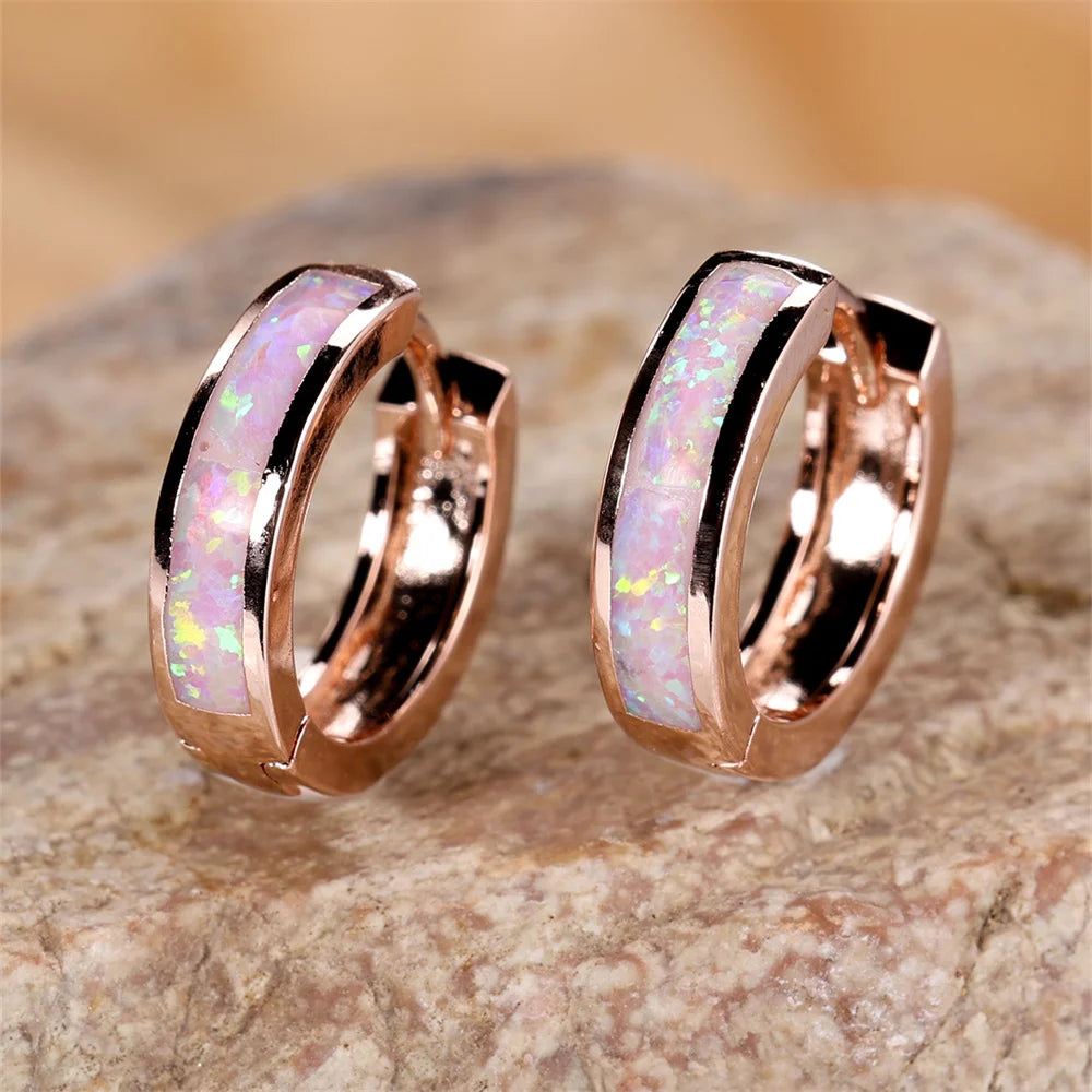 White Blue Opal Classic Small Round Circle Hoop Earrings