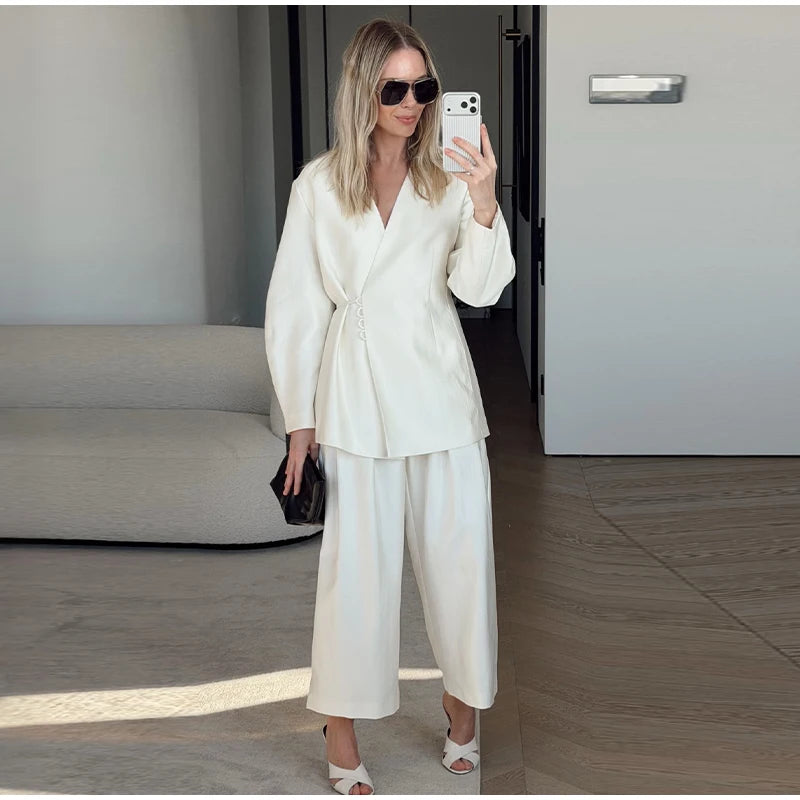 Long Sleeve Jacket High Waist Straight Trousers Casual Chic Sets