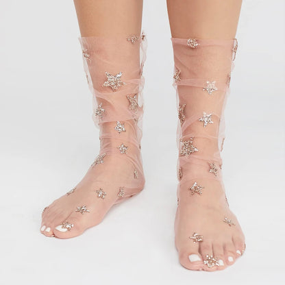 Black Hollow Transparent Lace Stockings Pure Cotton Japanese Fleece Socks
