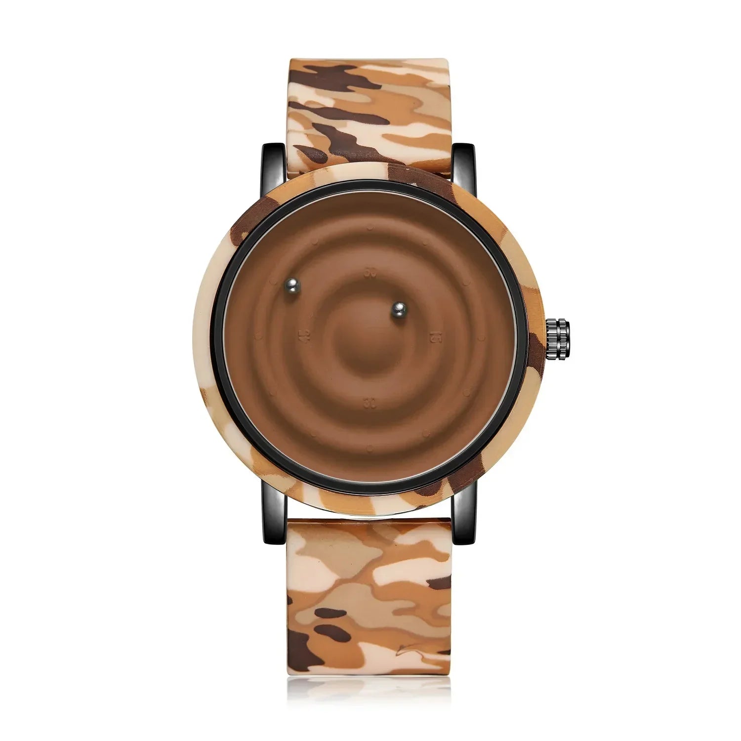Stylish brown camouflage tactile watch with unique raised dial and silicone strap