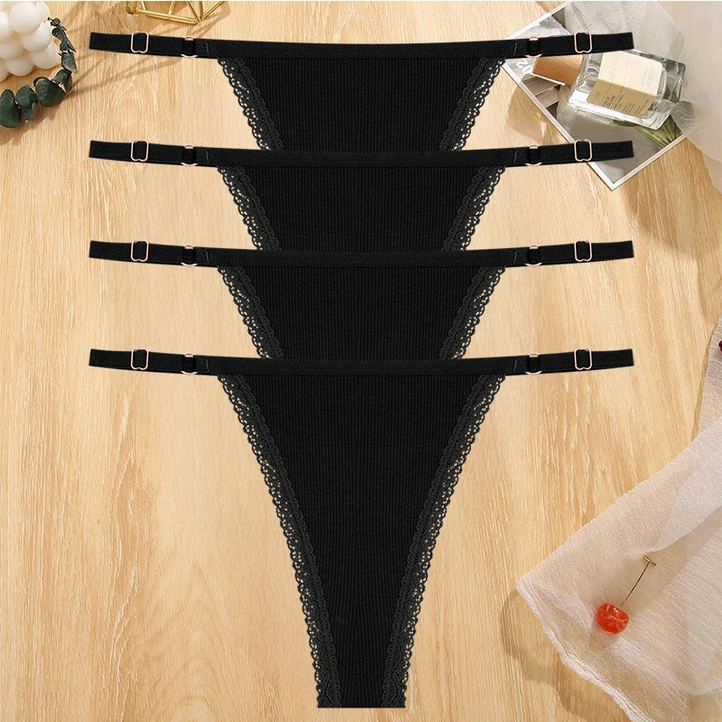 4Pc G-String Cotton Lace Thongs Lingerie Low Rise Straps Hipster