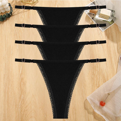 4Pc G-String Cotton Lace Thongs Lingerie Low Rise Straps Hipster
