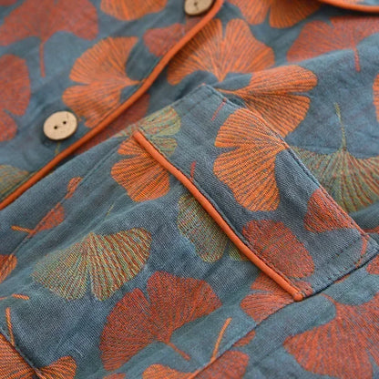Suit Long-sleeved Trousers 100% Cotton Crepe Flower Leaves Pajama Sets