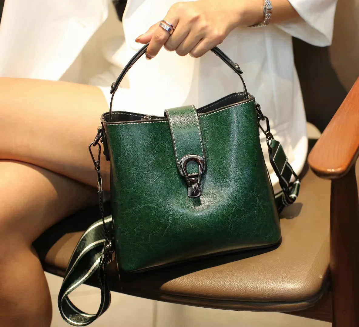 Real Oil Wax Leather Bucket Large Capacity Cowhide Crossbody Tote Bag