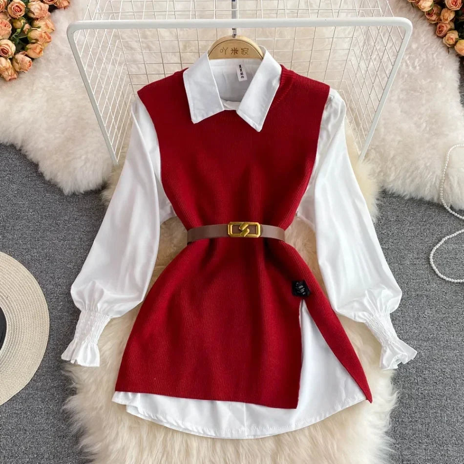 Chic Age-Reducing Long Sleeve White Shirt Sweater Loose Fit Knit Vest Pullover Set