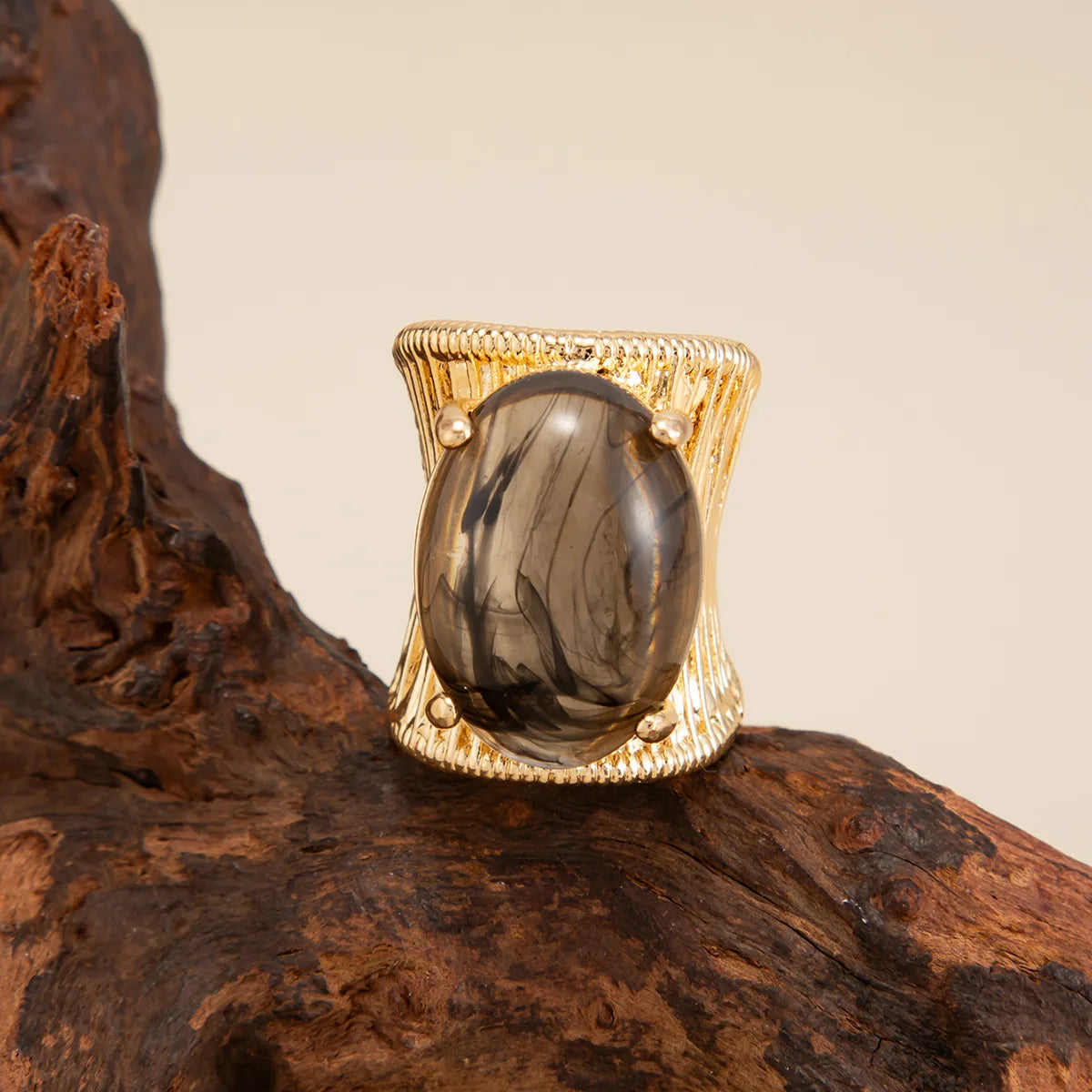 Rock Punk Hip Hop Vintage Elegant Black Brown Shading Resin Stone Chunky Metal Ring