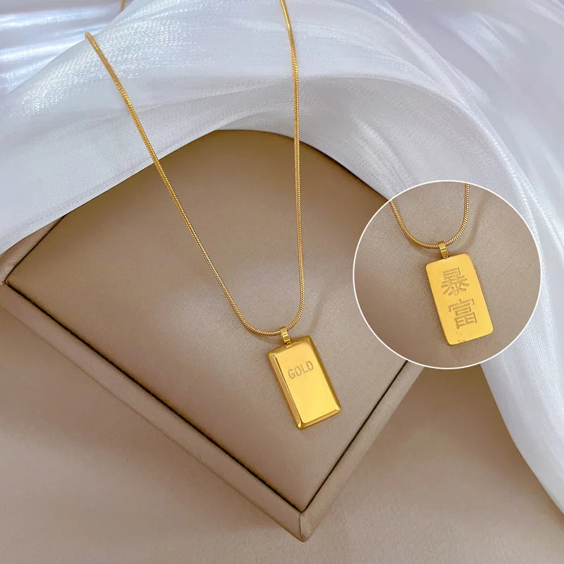 Bullion Bar Stainless Steel Golden Cube Brick Pendant Necklaces