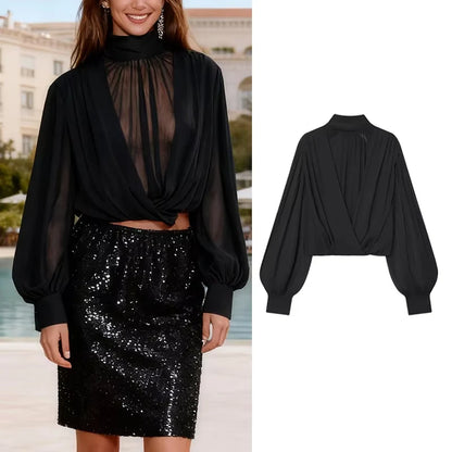 Black Bow Tie Neck Blouse Sheer Puff Sleeve Cropped Chiffon T-Shirt