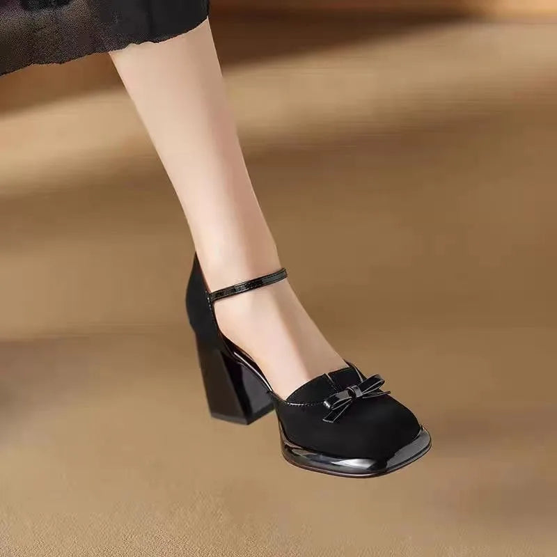 High-end strap high-heeled bow-shaped square-toe chunky heel sandals