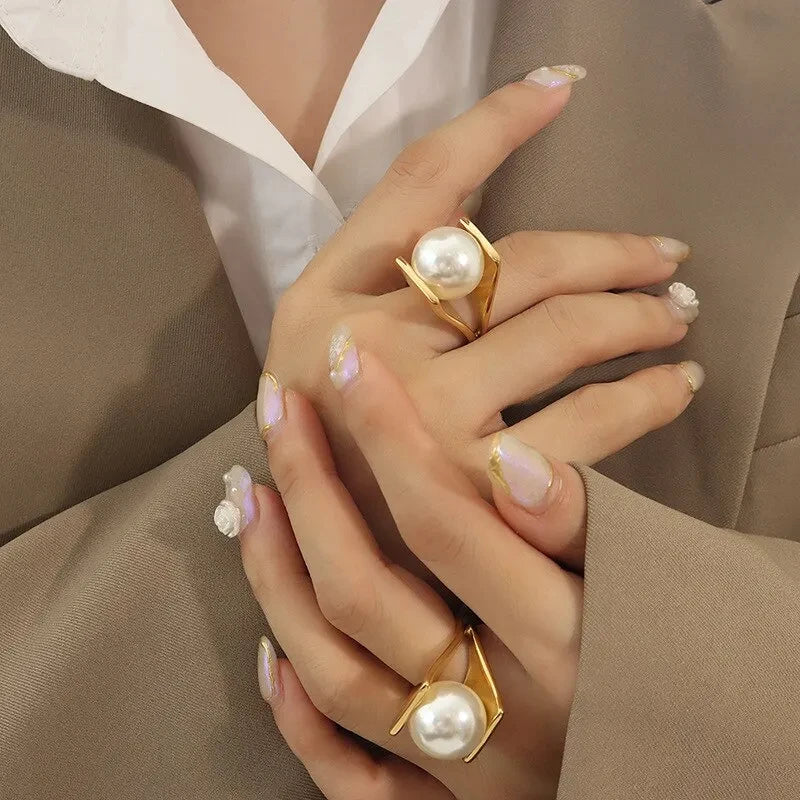 316L Stainless Steel Y Shaped Big Imitation Pearl Rings