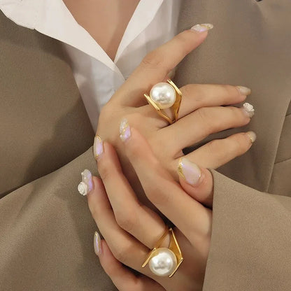 316L Stainless Steel Y Shaped Big Imitation Pearl Rings