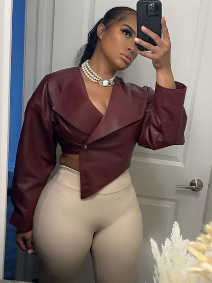 Faux Leather Single Button Crop Cross Neck Full Sleeve Wild Jacket