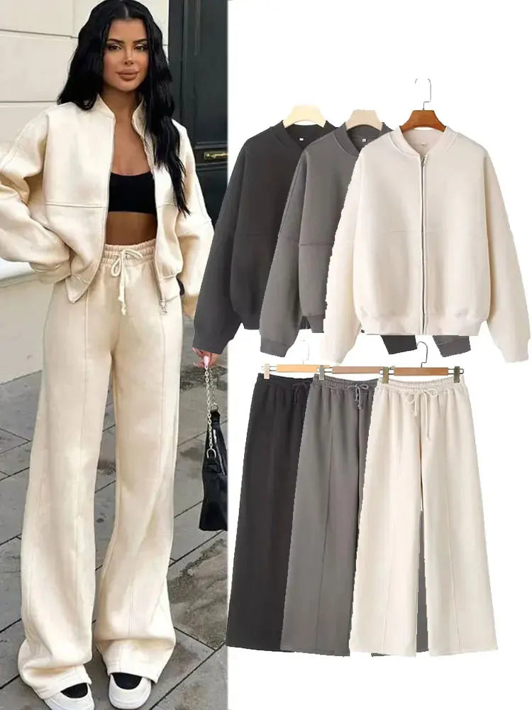 Zipper Bomber Jacket Sweatshirt High-waisted Lace-up Loose Velvet Pants Suit