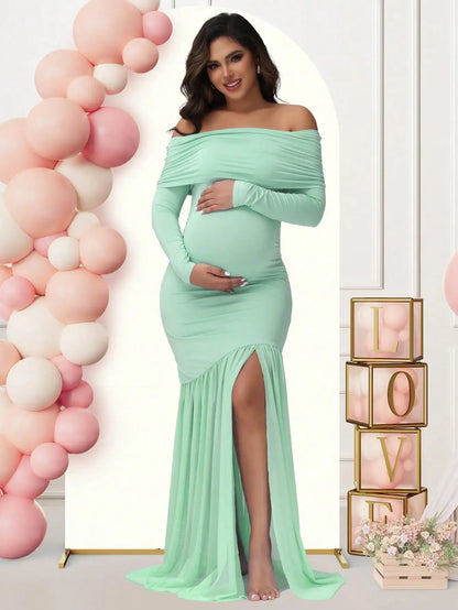 Maternity Off-Shoulder Slits Fishtail Hem For Pregnant
