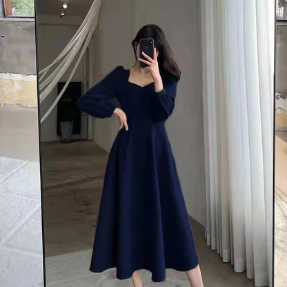 Long Puff Sleeve Solid Elegant Dress