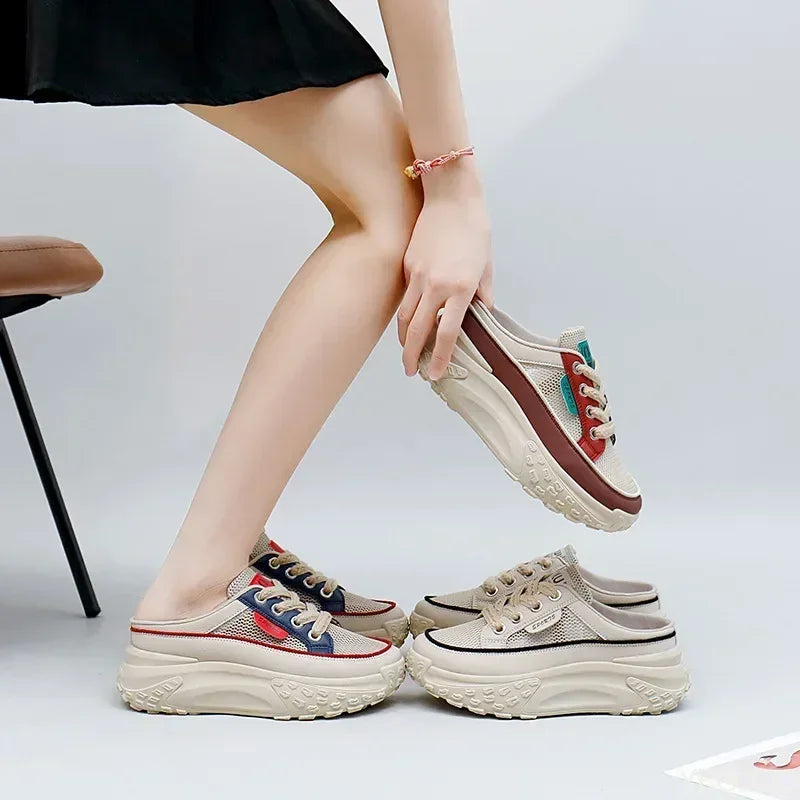 Thick Soles Increase Mesh Sport Lace Up Half Slipper Sneakers
