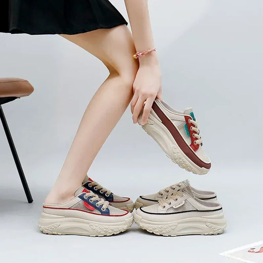 Thick Soles Increase Mesh Sport Lace Up Half Slipper Sneakers