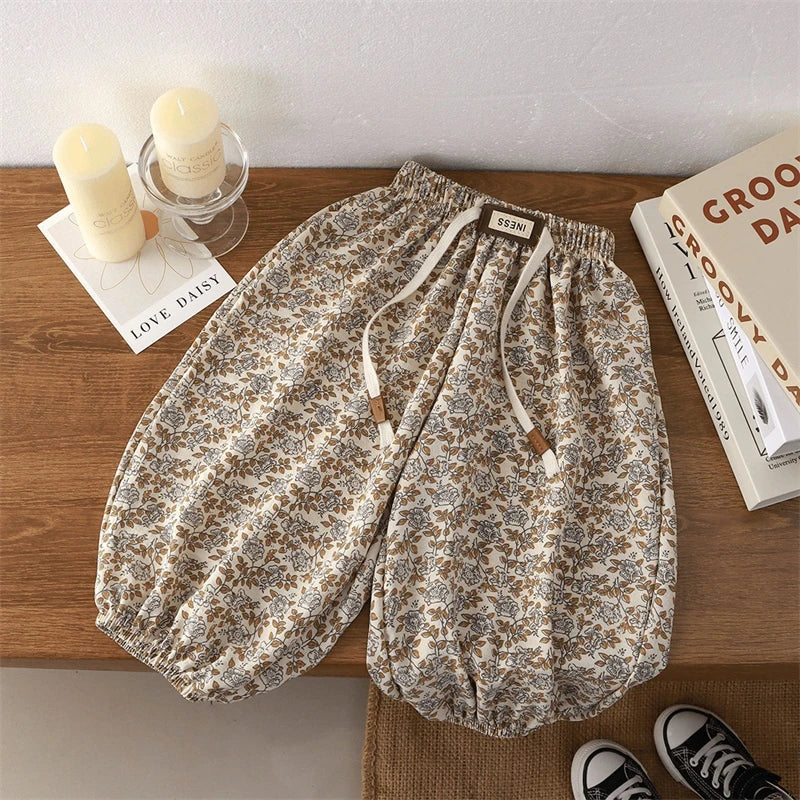 1-8yr Old  Floral Print Harem Bear Casual Loose Children's Thin Wide Leg Pant