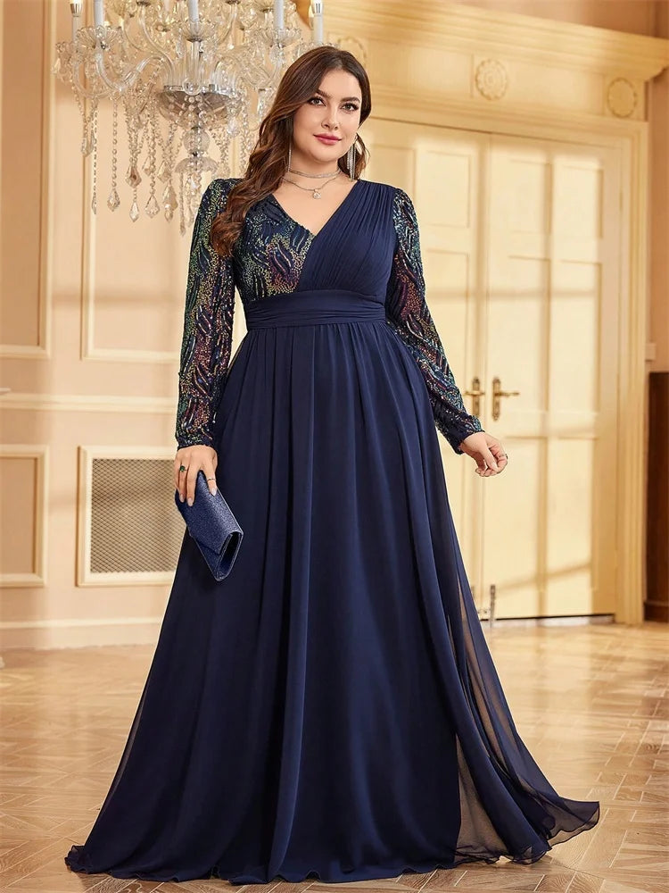 Plus Size Luxury Chiffon Long Sleeve Evening Dress