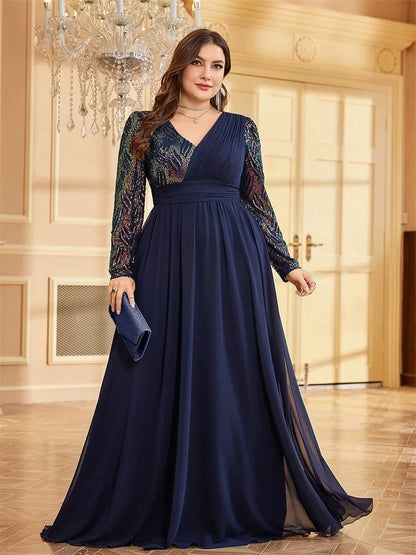 Plus Size Luxury Chiffon Long Sleeve Evening Dress