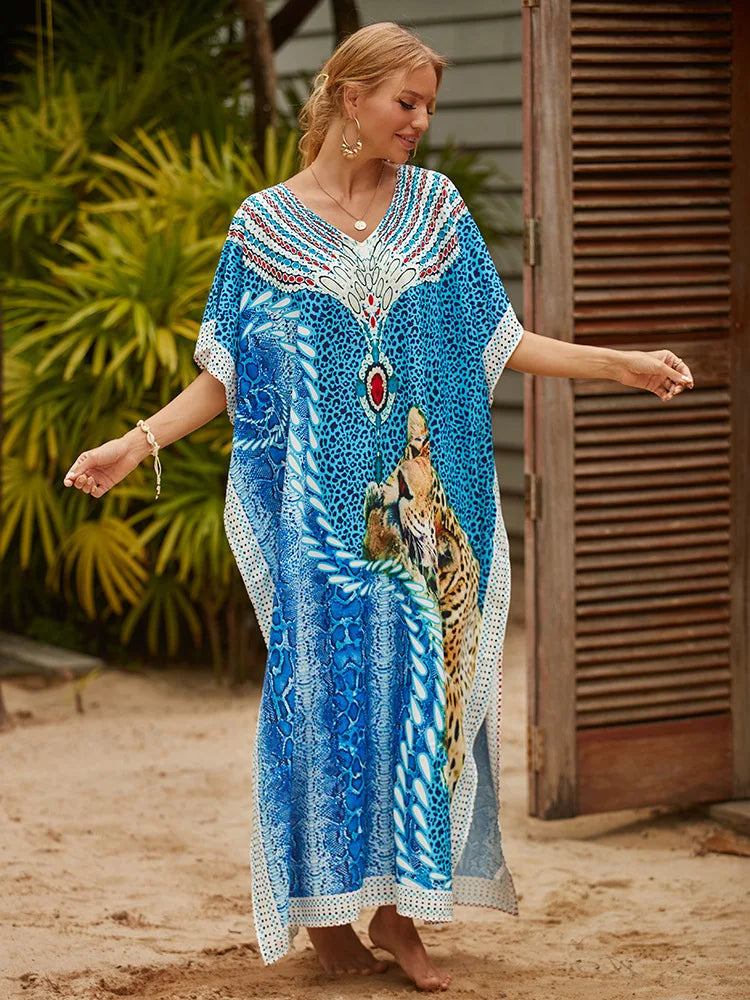 Long Caftans Print Bathing Suit Cover Up Beach Maxi Dress Abaya