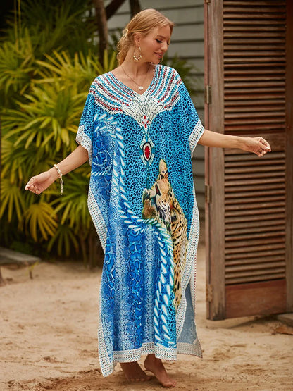 Long Caftans Print Bathing Suit Cover Up Beach Maxi Dress Abaya