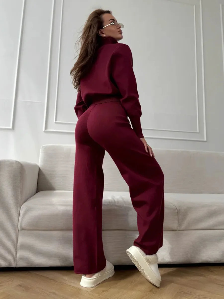 Knit Zip Up Cardigan Wide Leg Soft Fabric Cropped Sets