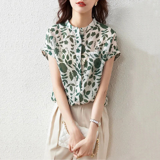 Short Sleeve Stand Collar Flower Blouses