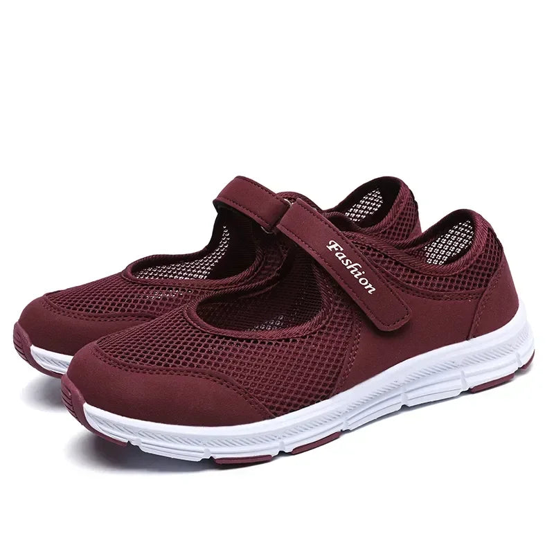 Burgundy mesh Mary Jane sneakers with Velcro strap and white sole for women