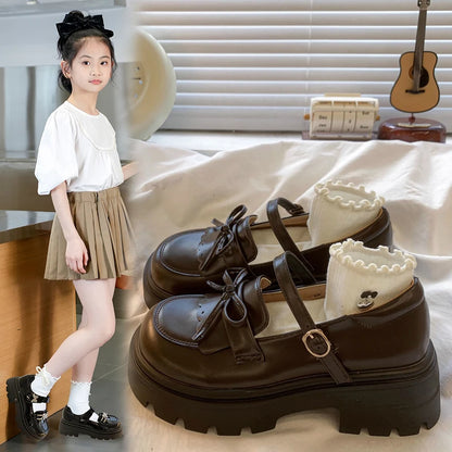 Black Leather Mary Janes Bow Thick Sole Casual Toddler Shoes