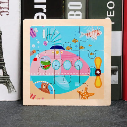 11X11CM Kids Wooden Puzzle Cartoon Animal Traffic Toys