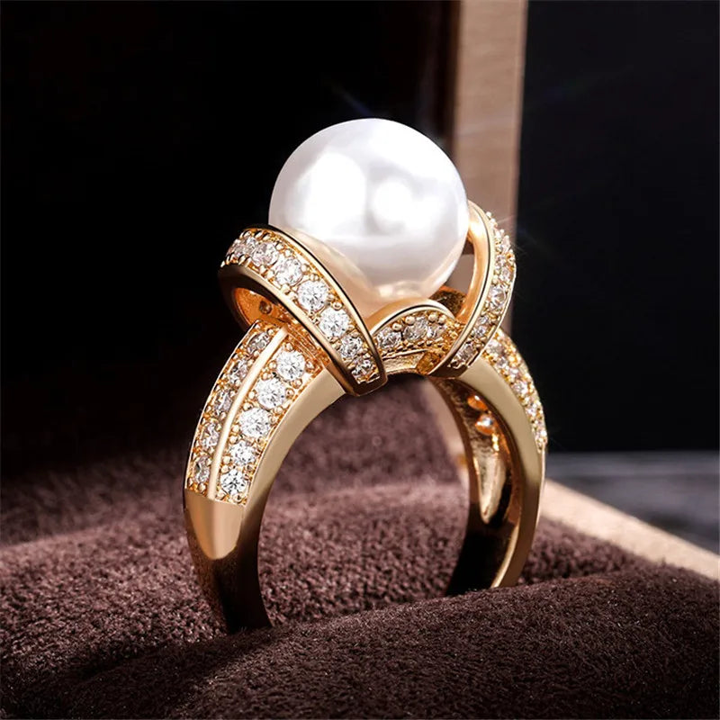 925 Sterling Silver Pearl Gold Shiny CZ Romantic Ring