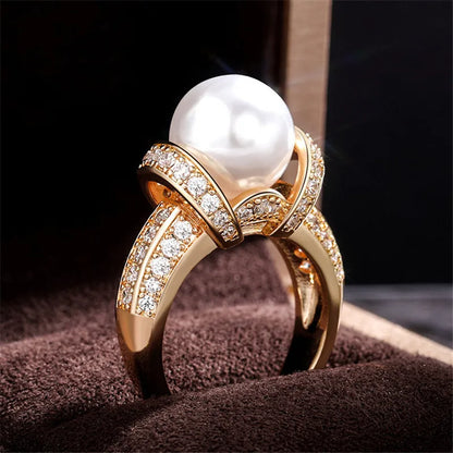 925 Sterling Silver Pearl Gold Shiny CZ Romantic Ring