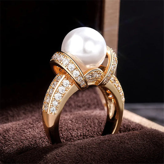 925 Sterling Silver Pearl Gold Shiny CZ Romantic Ring