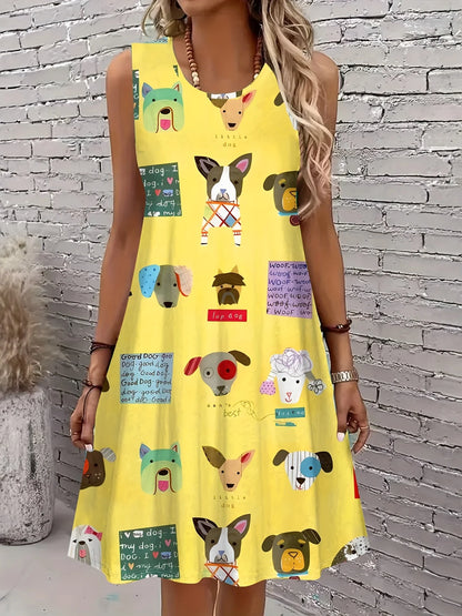 Sleeveless Round Neck Lions Zebras Elephants Print Dress