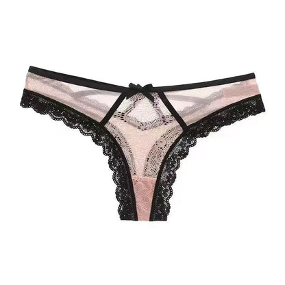 Flower Embroidery Sexy Thong Spicy Girl Lace Transparent Bow Briefs G-String