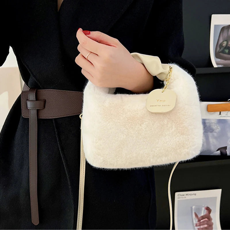 Faux Fur Plush Ruched Handle Small Shoulder Crossbody Bag