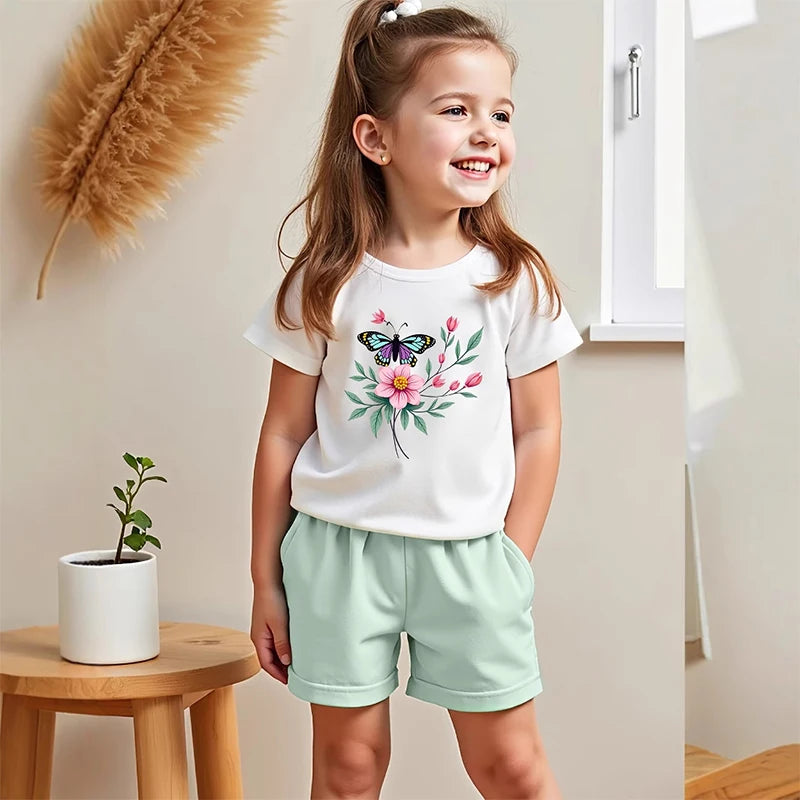 Cotton Short Sleeve Butterfly Print 2Pcs Suit