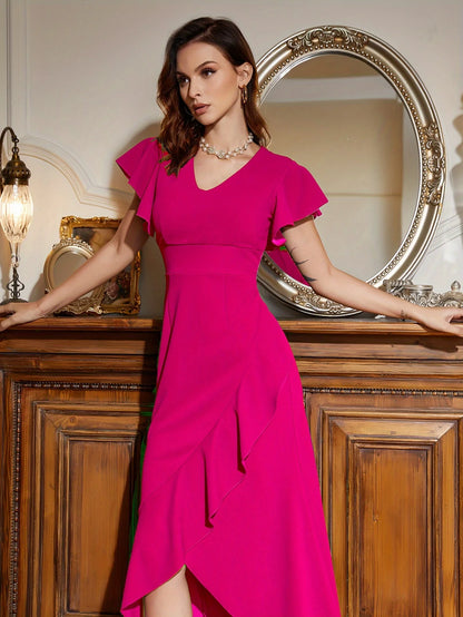 Ruffle Hem V Neck Split Elegant Short Sleeve Dress