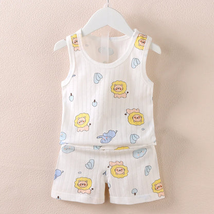 Cartoon Thin Style Sleeveless Baby Pajamas Set
