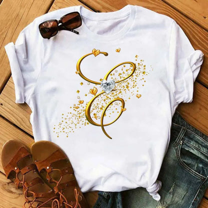 Custom Letter Combination Diamond Gold Letter T-shirt