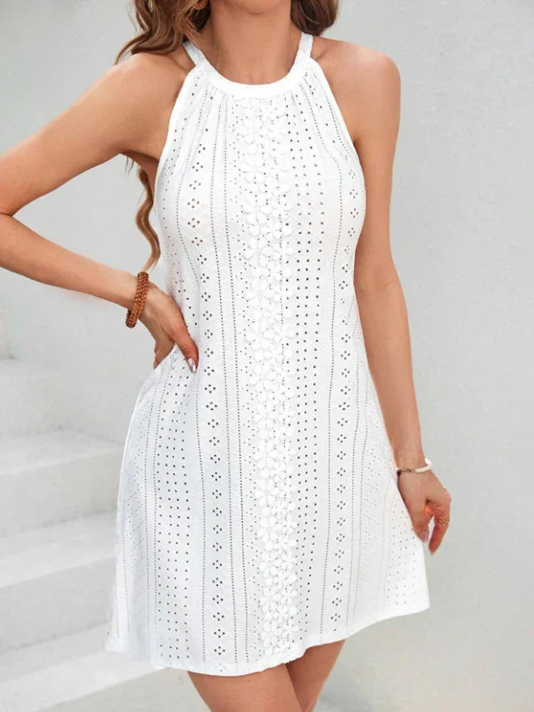 Lace Splice Round Neck Hanging Neck Dress
