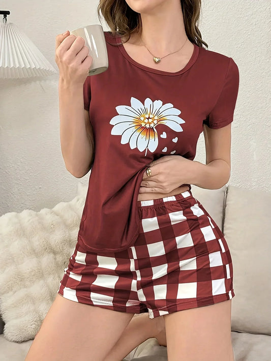Elegant Floral Print Shorts Sleeved Pajamas Set