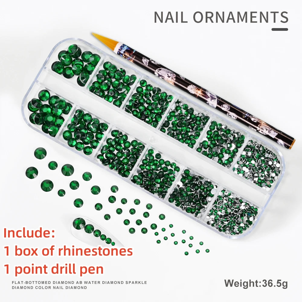 12Gird 3D Glass AB Crystal Nail Art Rhinestones Kit