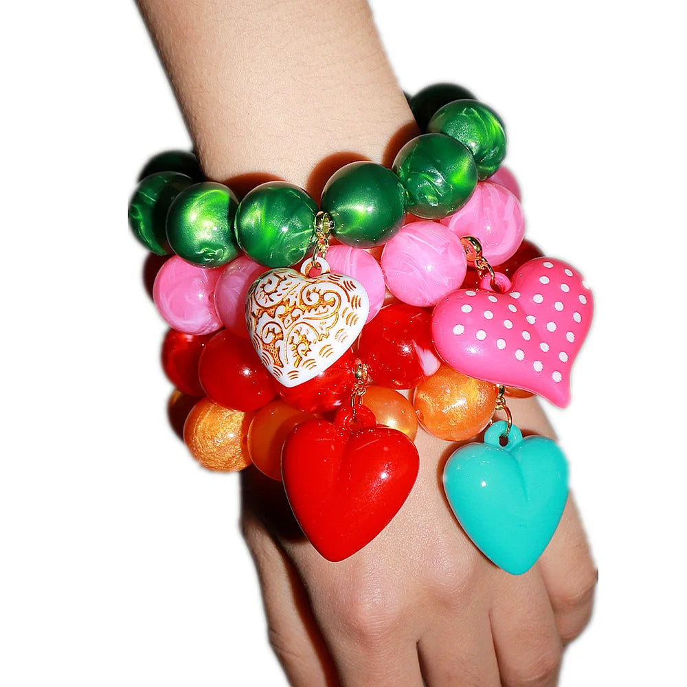 Boho Colorful Round Beads Heart Pendant Elastic Bracelets