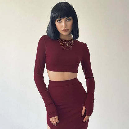 Pullover Long Sleeve Split Legless Sexy Skirt Set