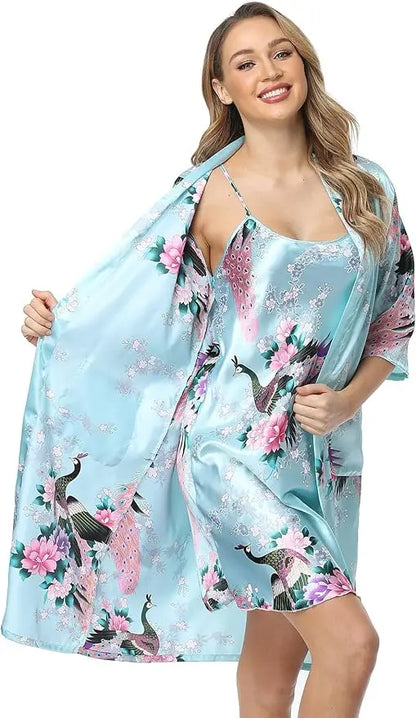 Floral Satin Kimono Robe and Nightgown Bathrobe Set