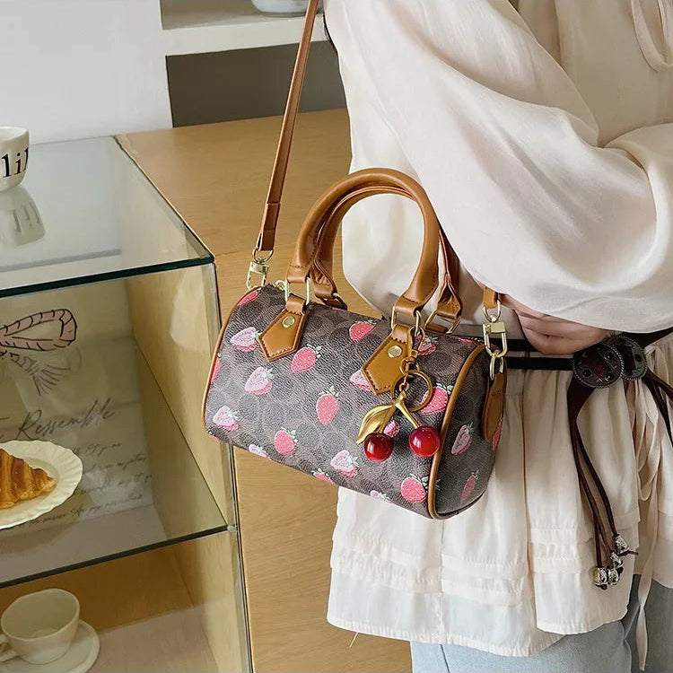 Crossbody Cherry Pattern PU Leather Boston Handbag Shoulder Bags